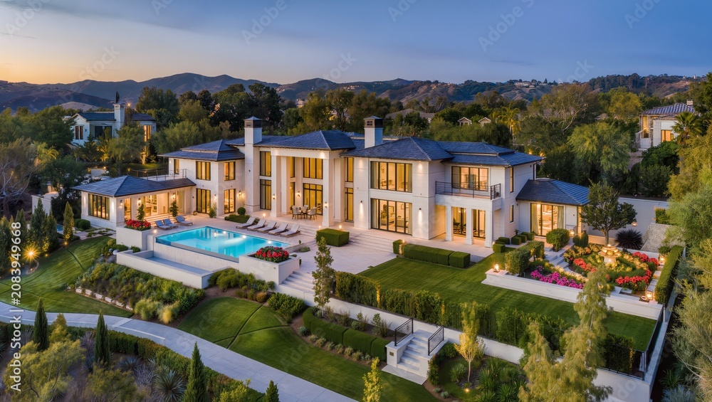 Fototapeta premium Luxury Neoclassical Mansion with Elegant Landscaped Gardens and Grand Estate Architecture