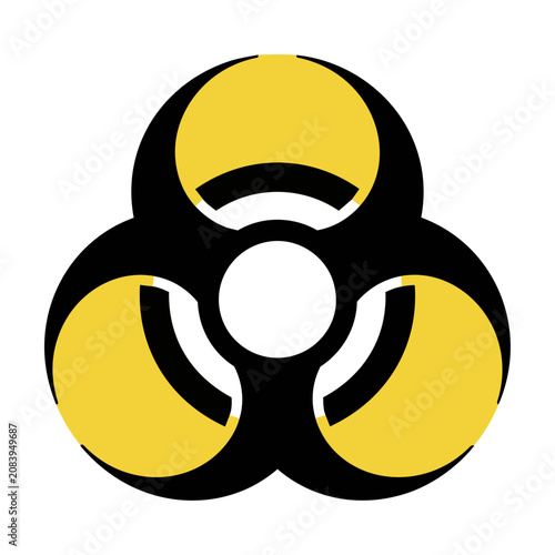 Biohazard symbol icon with three curved lobes and central ring in flat bold yellow and black colors on a white background, infectious disease safety concept