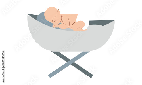 Newborn baby sleeping peacefully in a modern oval bassinet with a folded blanket on a white background, minimalist parenting and childcare concept