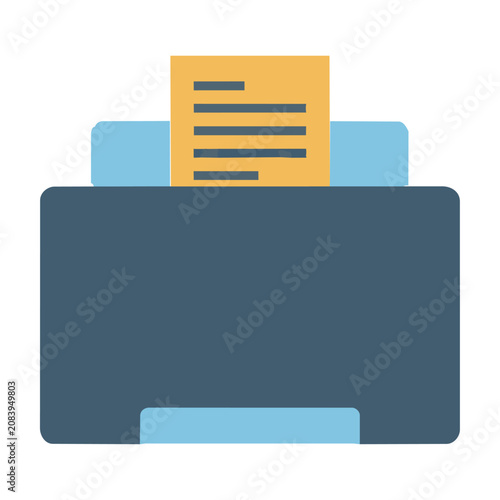 Minimalist flat icon of a digital document scanner with a rectangular housing and paper tray isolated on a white background, office technology concept