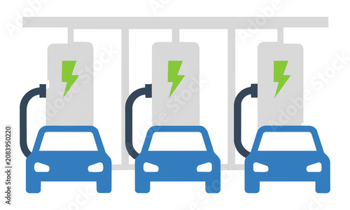 Minimalist icon set of electric vehicle charging stations with car silhouettes in a clean flat design style on a white background, modern energy concept