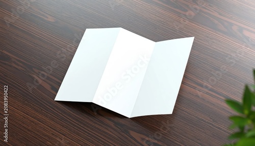 Blank Trifold Brochure Mockup on Dark Wood Background with Green Plant Accent