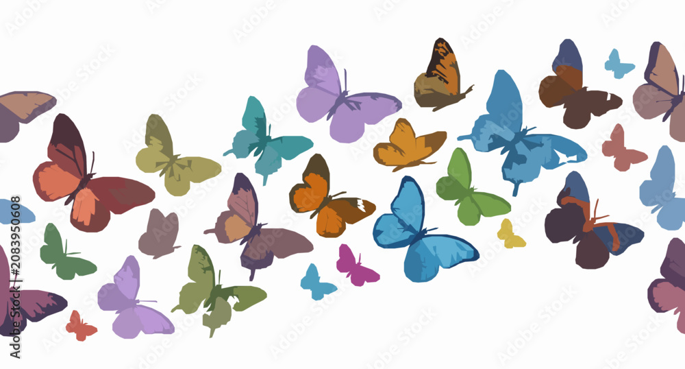 Fototapeta premium Elegant Multicolor Butterfly Seamless Border Vector with Spring Summer Flying Insects on White Background