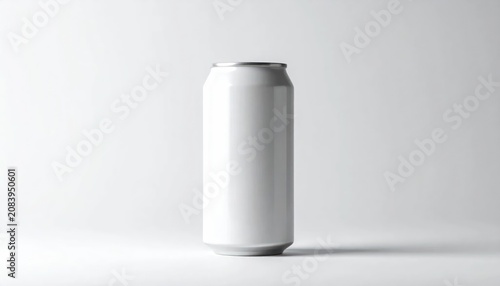 Blank white aluminum can on a clean white background, studio shot, product photography mock-up