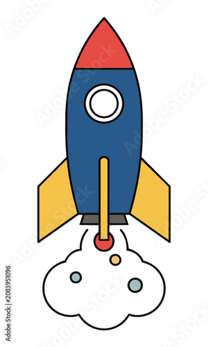 Stylized rocket ship with circular windows and fins launching upward with geometric smoke puffs isolated on white background business startup concept