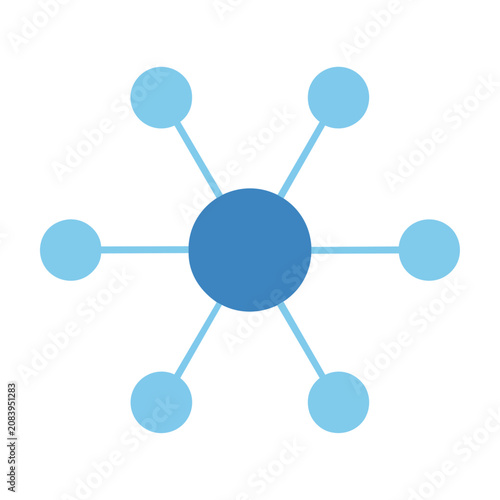 A minimalist circular icon depicting a central core connected to six nodes by thin lines, isolated on white. Technology network concept