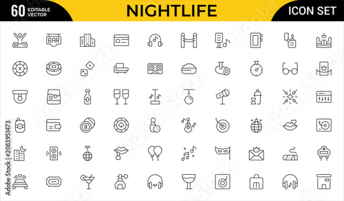Nightlife Vibes Line Icon Set for Nightclub, Music, Cocktails, Entertainment, Party and Evening Lifestyle Outline Vector Collection