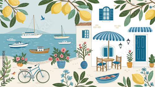 Colorful Mediterranean Coastal Village Scene with Lemon Trees and Boats in Flat Illustration Style
