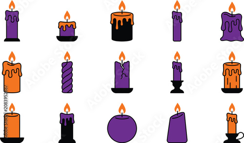 Фотография Halloween candle icons, 15 spooky purple and orange vector set isolated on Trans