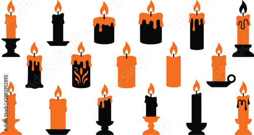 Картината върху платно Halloween candle icons, spooky orange and black candles, 18 vectors isolated on