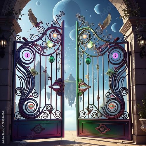 Fantasy ornate gate with celestial background.