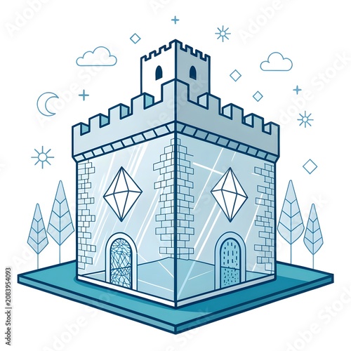 Stylized line art illustration of a fortified tower with crystal accents on a platform at night fortress illustration building
