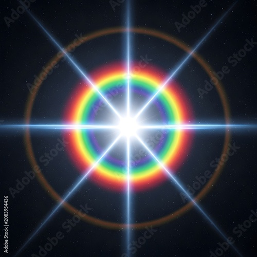 Glowing celestial star with vibrant rainbow lens flare against dark galactic night sky background.