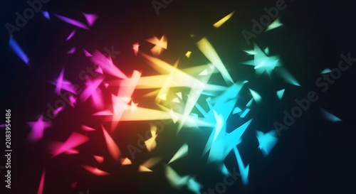 Colorful neon geometric shards exploding on a dark background with blurred motion effect