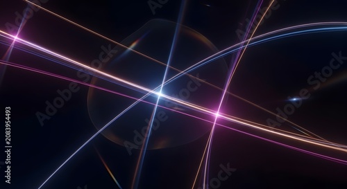 Futuristic neon light lines glowing in dark space with lens flare effects