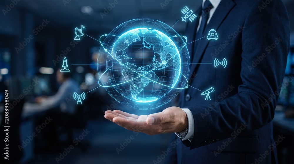 Fototapeta premium Business professional holding holographic Earth globe with digital network connections in futuristic office
