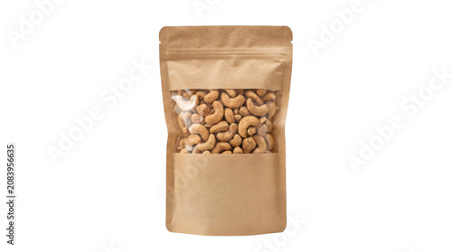 Brown paper pouch filled with delicious roasted cashew nuts isolated against a clean white background