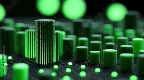 Abstract geometric arrangement of glowing green cylinders on dark textured surface