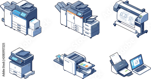 Obraz na plátně Isometric Office Equipment Icon Set with Multifunction Printer Copier Machine La