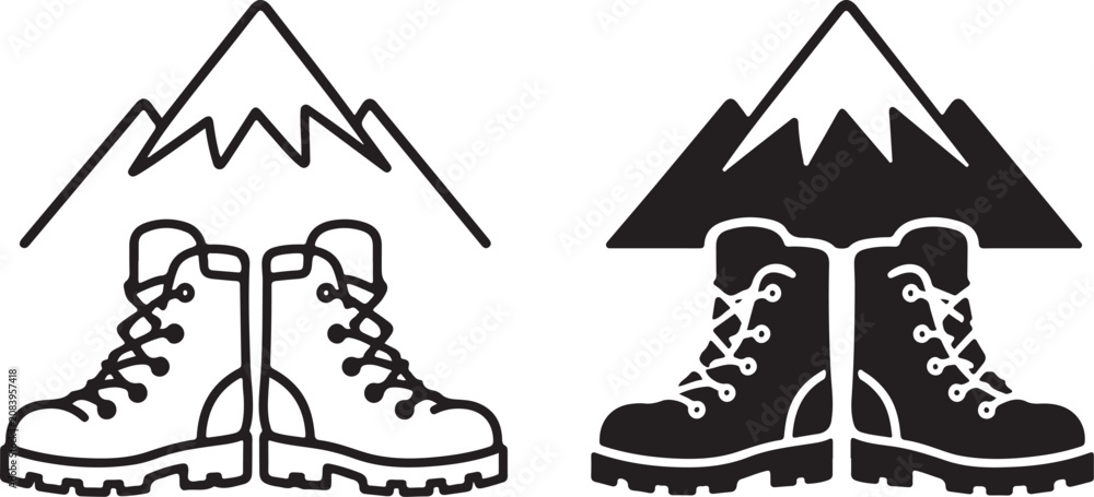 Fototapeta premium Hiking boots and mountain peak icons, outdoor adventure footwear vector set, black and white trekking boot symbols for camping and climbing