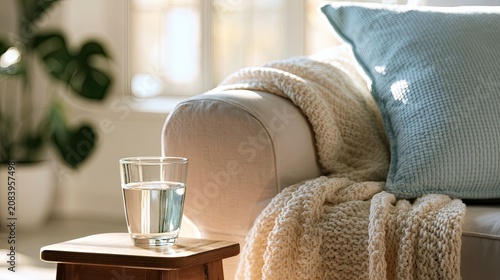 Cozy living room scene with a glass of water and a blanket on a sofa