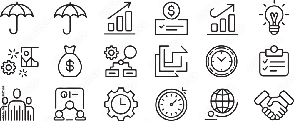 Fototapeta premium Business Icons Set with Umbrella, Chart, Currency, Calculator, Clock, Globe, Clipboard, and Lightbulb Concepts in Line Art