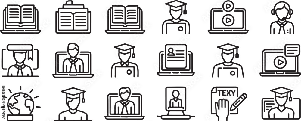 Fototapeta premium Graduation Cap Icons Set for Online Learning and Education with Students, Classrooms, and Study Symbols in Line Style