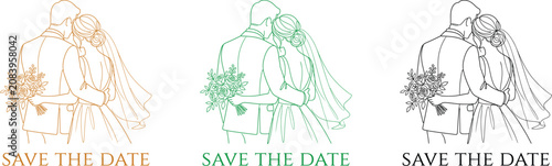 Bild auf Leinwand Wedding save the date line art trio bride and groom illustrations