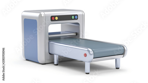 A 3D rendered image of a stylized airport security X-ray scanner with a conveyor belt on a white background, ready for baggage inspection.