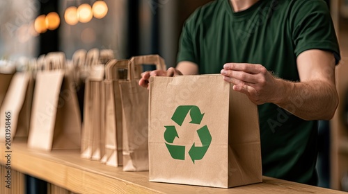 Person arranging paper bags with recycling symbol on counter