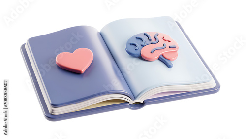 An open book displaying a pink 3D heart on one page and a blue and pink 3D brain model on the other, symbolizing the connection between emotion and intellect.