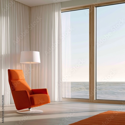 Modern minimalist living room with orange accent chair and ocean view
