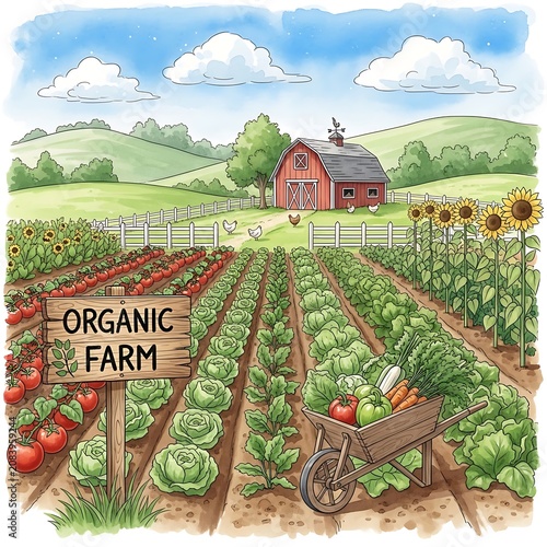 Organic farm with fresh produce and barn.