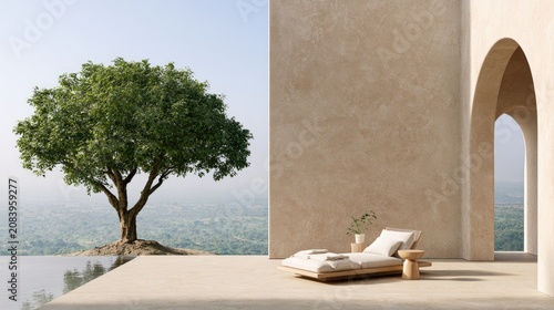 Serene architectural oasis with a lush tree overlooking a vast landscape
