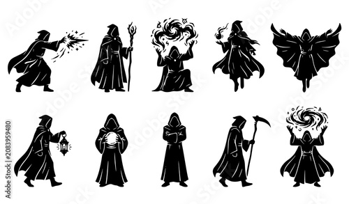 Foto Dark Fantasy Hooded Mage Silhouette Vector Icon Collection with Cloaked Wizard C