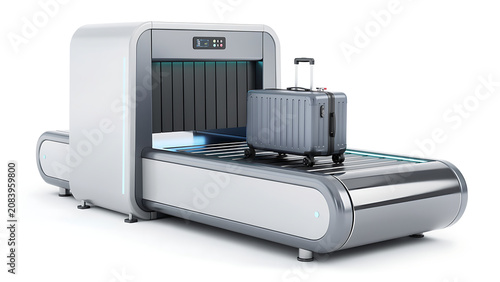 A modern X-ray baggage scanner with a grey suitcase on its conveyor belt, used for security checks at airports or other checkpoints.