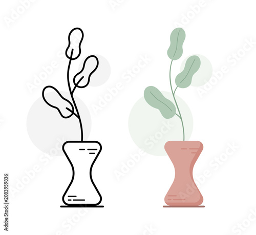 Photos Abstract Blob Leaf Plant in Hourglass Vase Line Art and Flat Style Set