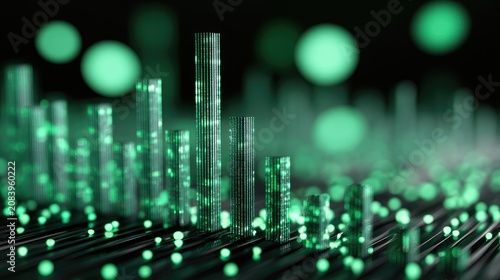 Abstract digital cityscape with glowing green lights and bokeh effects