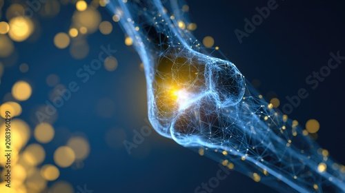 Digital glowing bones, joints, and neural network on dark blue background
