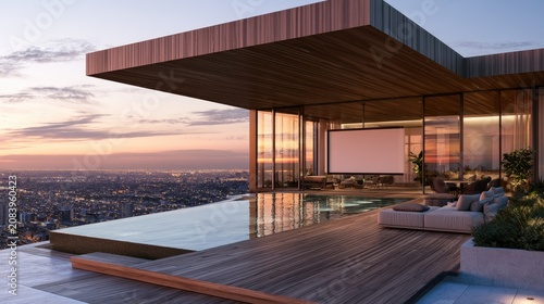 Luxurious rooftop infinity pool terrace with city view at sunset