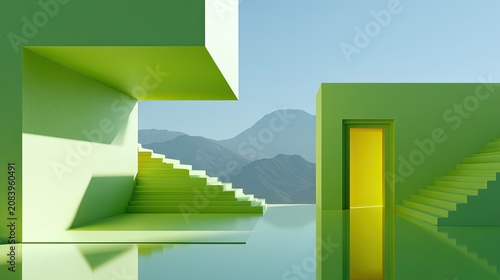 Surreal green abstract structures with a glowing yellow doorway and mountainous backdrop