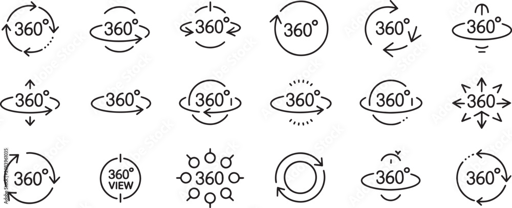 Obraz premium Rotation 360 Degree Arrow Icons Set with Curved Outlines for Motion Direction and Navigation Infographic Design
