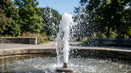 Water fountain spraying water in a park on a sunny day with lush green trees in the background