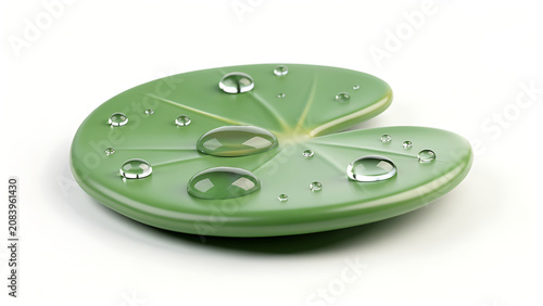 Close-up view of a vibrant green lily pad adorned with numerous clear water droplets, isolated on a clean white background.
