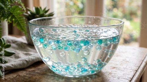 Glass Bowl Filled with Transparent and Blue Hydrogel Water Beads on Wooden Table