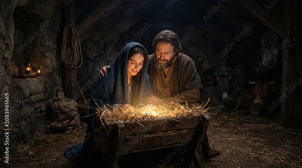 Obraz premium The Nativity scene. Mary and Joseph looking lovingly at baby Jesus resting in a wooden manger in a humble Bethlehem stable