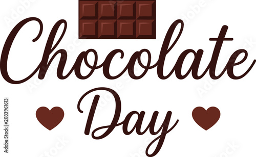Chocolate bar block appears above decorative text that spells Chocolate Day with two dark brown hearts placed on either side of the word Day.