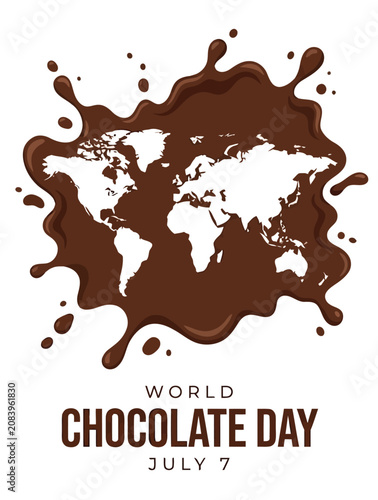 World map silhouette rests within a thick splash of liquid dark chocolate to celebrate July seventh as a global commemorative day for cocoa lovers.