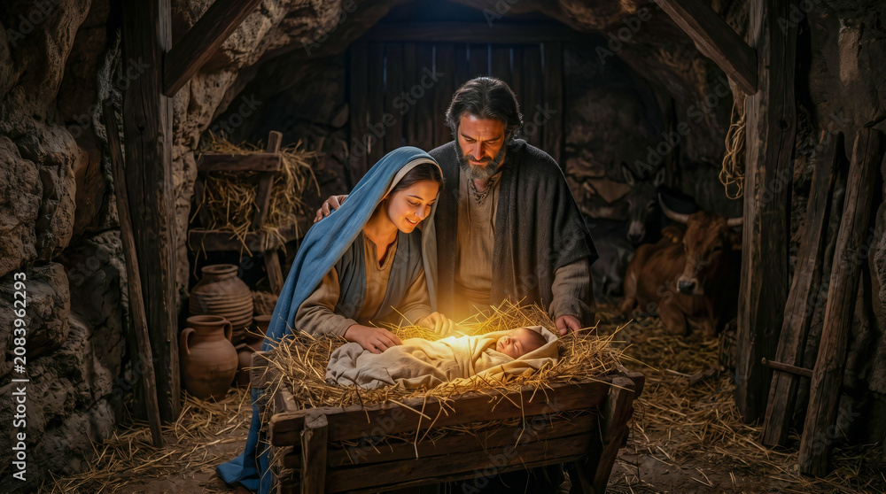 Obraz premium The Nativity scene. Mary and Joseph looking lovingly at baby Jesus resting in a wooden manger in a humble Bethlehem stable