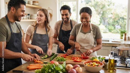 Warm and inviting stock image of a multi-ethnic group of friends bonding over cooking and eating together, representing domestic friendship and shared cultures for World Friendship Day